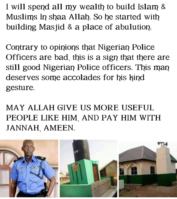 ตร.มุสลิมไนจีเรีย ใช้เงินเดือนตัวเองสร้างมัสยิด